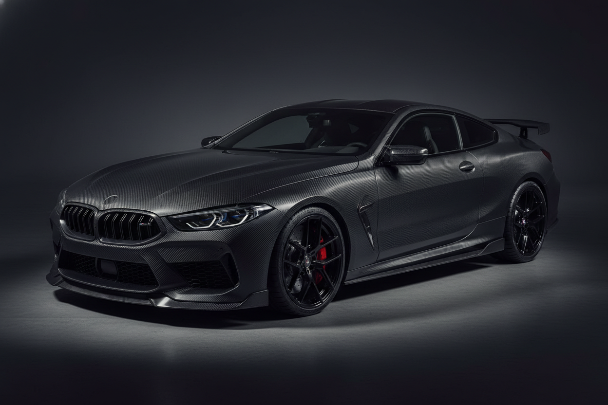 the bmw m8 transfromed with carbon fiber car parts, remove the car logo