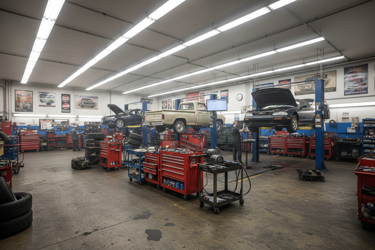 给我一个汽车装配店的图，workshop风格，汽修厂，不需要工厂